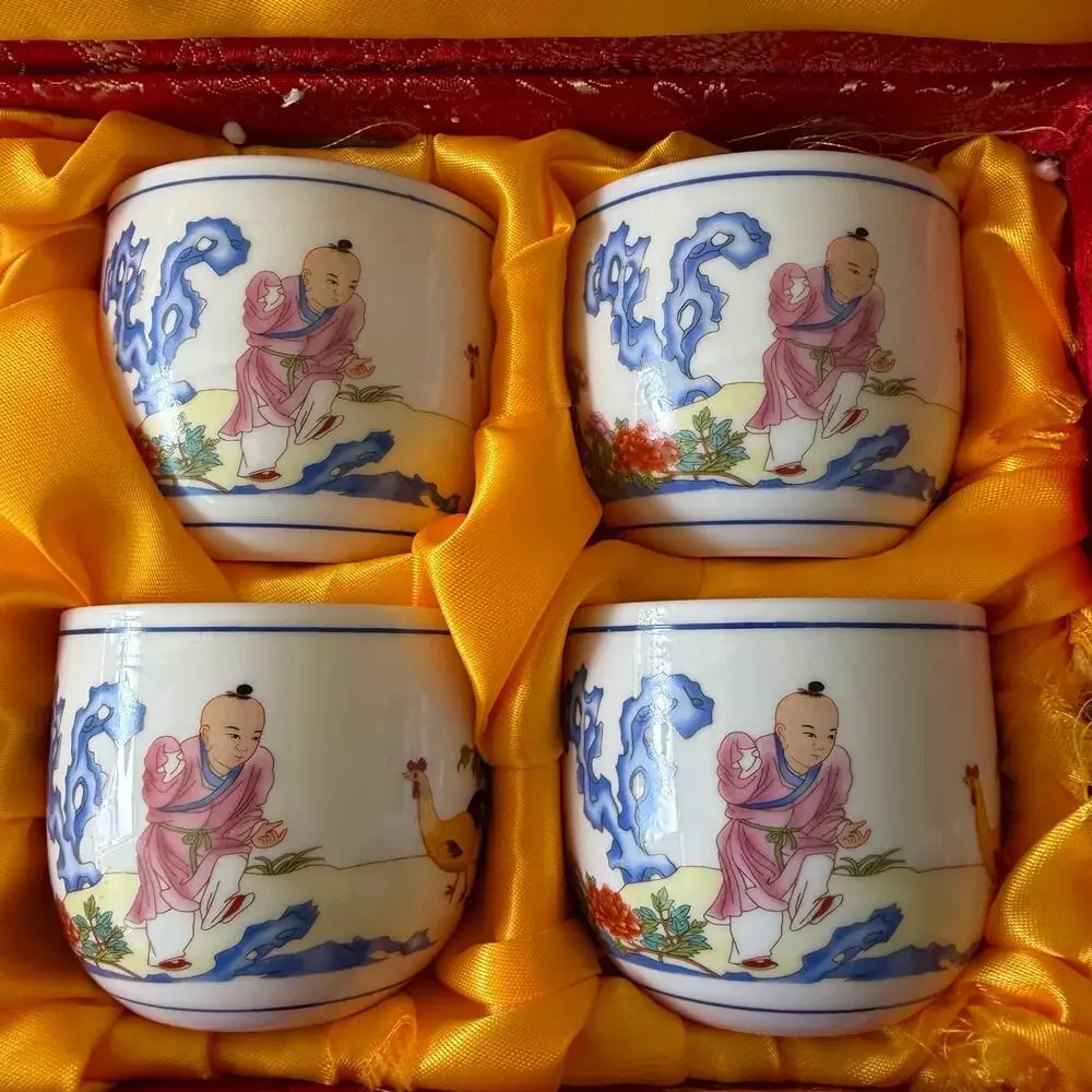 Chinese Qianlong Style Boy & Chicken Porcelain Cups Set of 6 Boxed Famille Rose